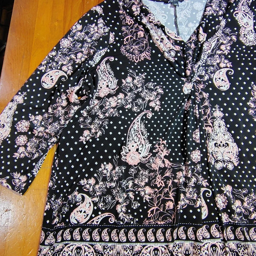 JOZ‎ & ALI Black Pink Paisley Floral Print Twist Neck 3X Top Plus Size - Picture 2 of 8